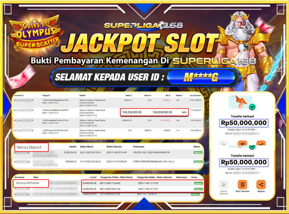 SUPERLIGA168 JACKPOT GATES OF OLYMPUS SUPER SCATTER Rp.100,000,000-LUNAS
